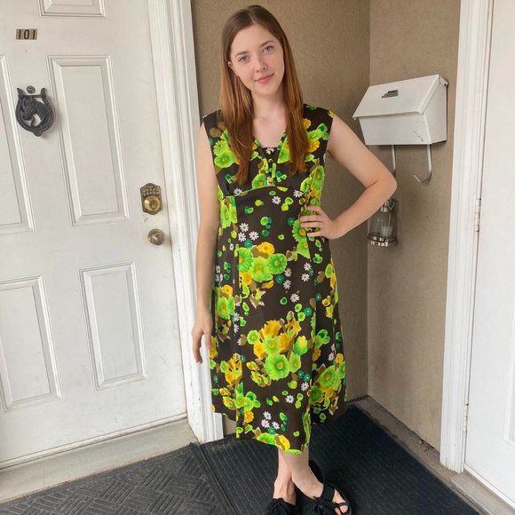 1960s Brown Green Floral Midi Mod Dress - Picture 1 of 4